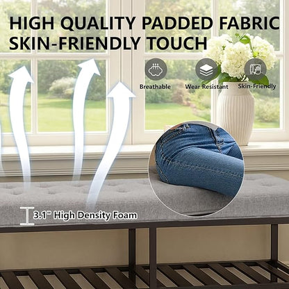 Storage Ottoman Bench with Upholstered Tufted Linen Fabric, Large End of Bed Bench with Iron Frame Rectangular Foot Stool for Living Room, Bedroom, Entryway Gray