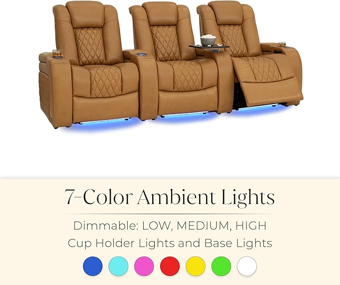 Seatcraft Diamante Zero-Gravity CoolZero Italian Leather Home Theater Seating, Power Headrest, Power Recline, Row of 5, Tan Oak