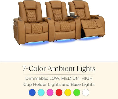 Seatcraft Diamante Zero-Gravity CoolZero Italian Leather Home Theater Seating, Power Headrest, Power Recline, Row of 3, Tan Oak