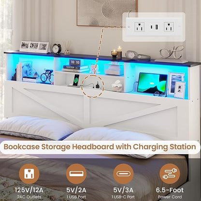 VIAGDO Farmhouse Bed Frame King Size with Bookcase Storage Headboard, Charging Station and LED Lights, Wooden King Bed Frame with 4 Drawers, Barn Door Design, No Box Spring Needed, No Noise, White
