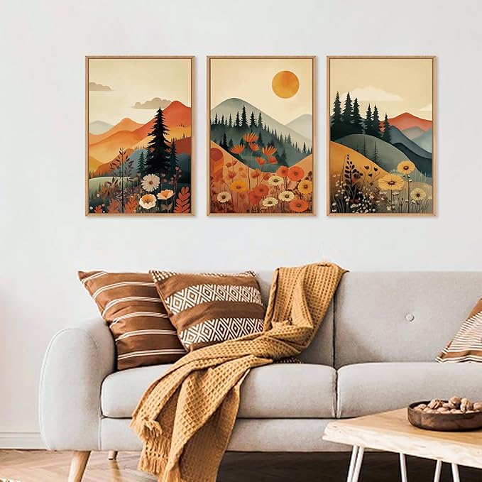 LHIUEM Large Boho Mountain Sunset Framed Canvas Wall Art Set, Pine Tree Flowers Wall Decor, Nature Landscape Forest Artwork for Living Room,Bedroom,Dining Room,Office -24"x36"x3