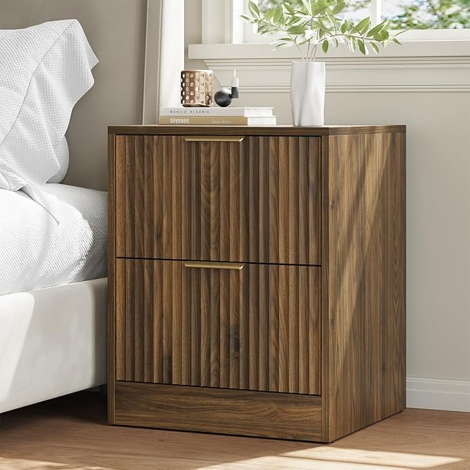 8 Drawer Dresser & Nightstand Set 3-Piece, 55” Wide Fluted Walnut Dresser and Night Stand Set of 2 with Metal Handle, Modern Wood Chest of Drawers Storage Dressers Set for Bedroom, Walnut