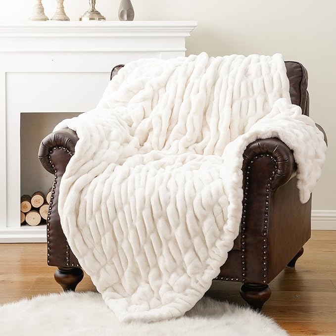 BATTILO HOME Cream Faux Fur Throw Blanket, Double Side Ruched Rabbit Fur Blanket for Couch, Bed, Super Soft Cozy Fuzzy Mink Blanket, 50"x60"(Ivory)