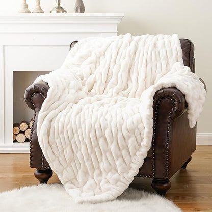 BATTILO HOME Cream Faux Fur Throw Blanket, Double Side Ruched Rabbit Fur Blanket for Couch, Bed, Super Soft Cozy Fuzzy Mink Blanket, 50"x60"(Ivory)
