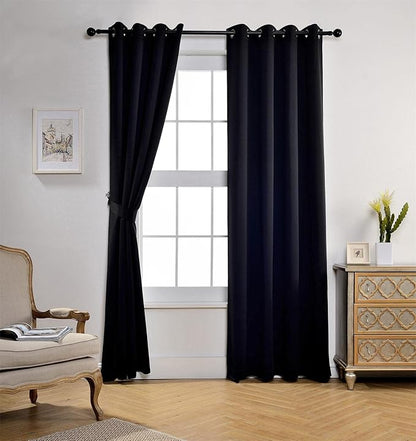MIUCO 1 Pair Thermal Insulated Grommet 52-Inch-by-84-Inch Blackout Window Curtain Panels with 2 Tie Backs, Black