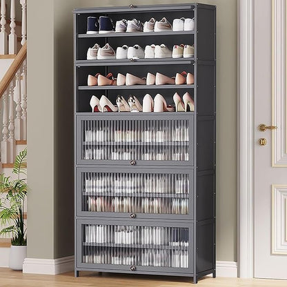 Bamboo Shoe Cabinet with Acrylic Door,10-Tier Shoe Storage Rack, 40-45 Pairs Freestanding Shoe Rack, Entrance Shoe Cabinet for Hallway Living Room