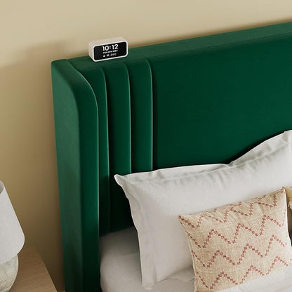 SHA CERLIN King Size Velvet Upholstered Platform Bed Frame with Vertical Channel Tufted Wingback Headboard, Wooden Slats Support, Easy Assembly, Under Bed Storage, No Box Spring Required, Green