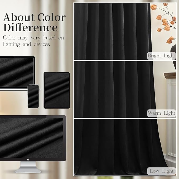 Black Velvet Blackout Curtains Extra Long Room Darkening Drapes Super Soft Elegant Thermal Insulated Soundproof Window Curtains for Bedroom Living Room, Back Tab Rod Pocket, W52 x L108, 2 Panels