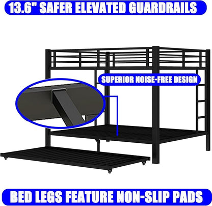 Upgraded Version Thicken Metal Queen Over Queen Bunk Bed with Trundle, Heavy-Duty Steel Bunk Bed for Adults, Easy Assemble (with Trundle)