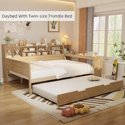Merax Full Size Corner Bed Frames with Desk and Trundle & Storage Shelves Headboard, Pinewood U-Shaped Captain Daybed for Small Room, Bedroom, Guest Room, Kids' Room, Natural