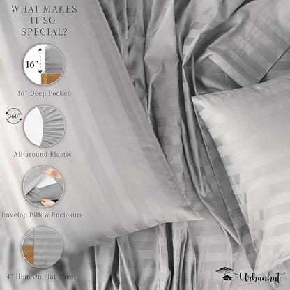 URBANHUT 800 Thread Count 100% Cotton Damask Full Size Sheets, 4 Piece Striped Full Size Bedsheets, Luxury Hotel Sheets Sateen Weave - Better Than Egyptian, 16" Elasticized Deep Pocket- Silver Grey