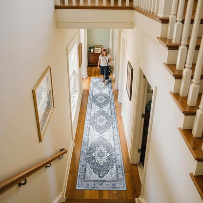 Area Rugs 2'x10' Washable Non-Slip, Floral Vintage Distress Print Pattern Medallion Carpet for Living Room Bedroom Dining Room, Light Gray Grey White