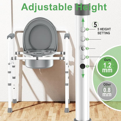 ZOLIQUEX 3 in 1 Bedside Commodes Chair for Seniors with Arms, Portable Width 21.5'' Steel Potty Chair for Elderly Adults with 5 Adjustable Height, Supports Up To 350lb, 6QT Bucket, Tool-Free Assembly