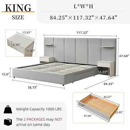 King Bed Frame with Storage & Built-in Nightstands, Velvet Upholstered Platform Bed Frame with Drawers & 2 Floating Storage Shelves, Noise-Free, No Box Spring Needed, Easy Assembly, Gray