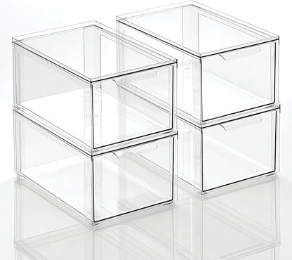 mDesign Plastic Stackable Closet Storage Organizer Bins with Pull Out Drawer for Cabinet, Desk, Shelf, Cupboard, or Dresser Organization - Lumiere Collection - 4 Pack - Clear