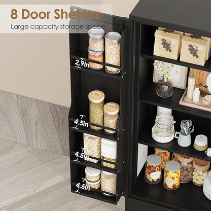 47" Kitchen Pantry Cabinet, Metal Storage Cabinet with 3 Adjustable Layer Shelves, 8 Door Shelves, Buffet Sideboard for Living Room, Kitchen, Black
