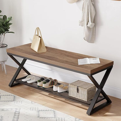 LVB Entryway Bench, Indoor Shoe Bench with Storage and Seating, Wood Metal Storage Bench for Bedroom Living Room, Farmhouse Shoe Rack Bench for Sitting in Hallway Foyer Entrance, Rustic Oak, 47 inch