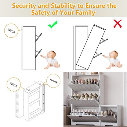Slim Shoe Cabinet with Bench for Entryway, Hidden Storage and Adjustable Shelves, Free Standing Wooden Shoes Organizer for Foyer, Hallway