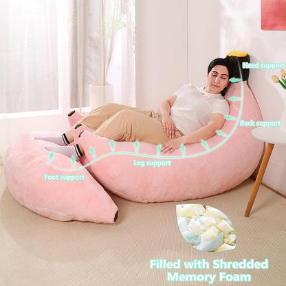 Banana Bean Bag Chair with Ottoman, Floor Sofa Bed with Footrest, Comfy Convertible Lounger for Adults, Plush Couch for Bedroom, Living Room or Dorm, L-Pink