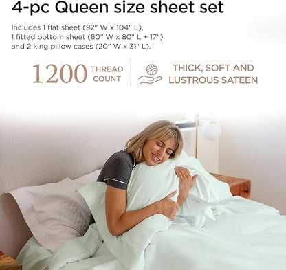 Threadmill Supima Cotton Queen Sheet Set, 1200 Thread Count Queen Sheets for Queen Mattresses, 4 Piece American Luxury Bed Sheets, Sateen Hotel Quality Sheets with Elasticized Deep Pocket, Seaglass