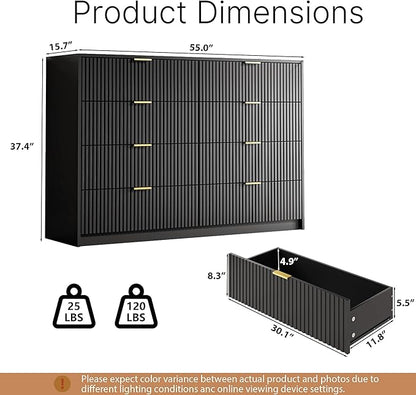 Dresser for Bedroom, 8 Drawer Double Dresser, Modern Chest of Drawers for Bedroom, Living Room, Entryway and Closet, 55" L x 15.7" D x 37.4" H, Black