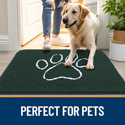 OLANLY Dog Door Mat for Muddy Paws 70x46, Paw Print Design, Absorbs Moisture and Dirt, Absorbent Non-Slip Washable Doormat, Quick Dry Chenille Mud Mat, Entry Indoor Entryway Carpet, Blackish Green