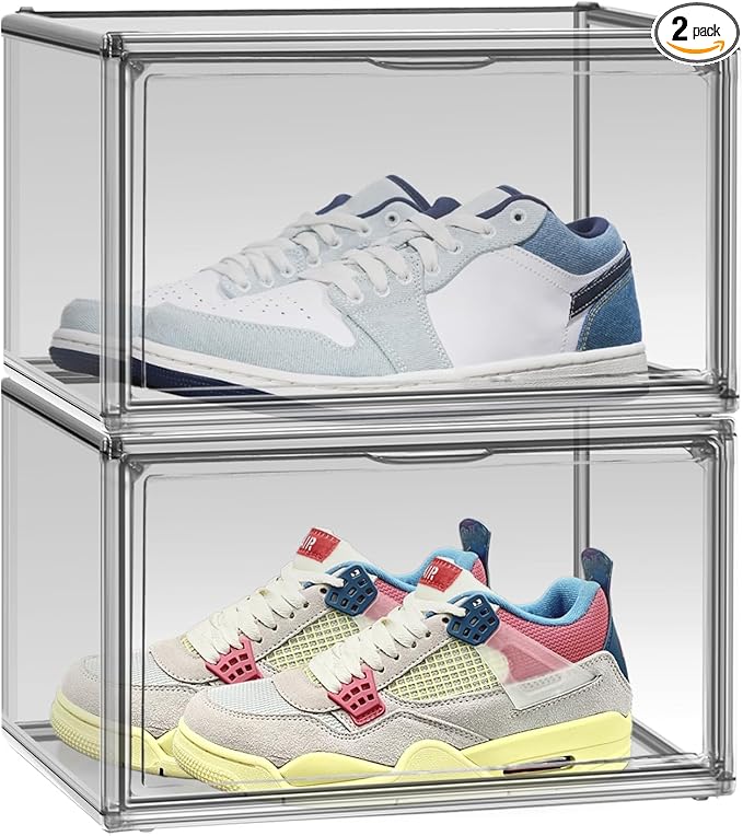 2 Pack Acrylic Shoe Box for Closet Clear Stackable Size 12 Shoe Storage Bins with Magnetic Lids, Stackable Boot Handbag Organizer Containers for Shoes, Figure, Collectible, Purse