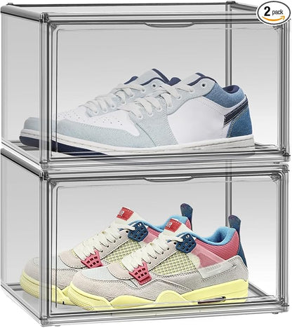 2 Pack Acrylic Shoe Box for Closet Clear Stackable Size 12 Shoe Storage Bins with Magnetic Lids, Stackable Boot Handbag Organizer Containers for Shoes, Figure, Collectible, Purse