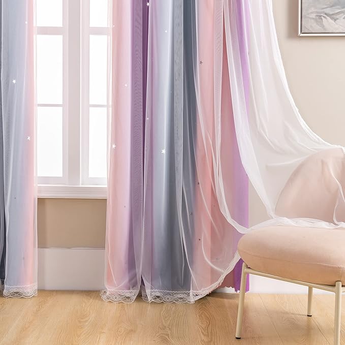 XiDi Curtains for Bedroom Decor, Rainbow GreyPinkPu-52-54