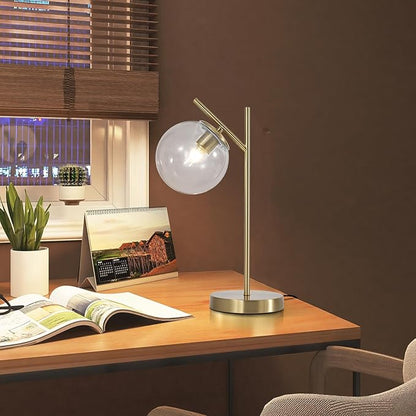 Mid Century Modern Table Lamp, Contemporary Metal Brass Bedside Lamps with Clear Glass lampshade, Gold Globe Nightstand Lamp for Bedroom Living Room Study Room