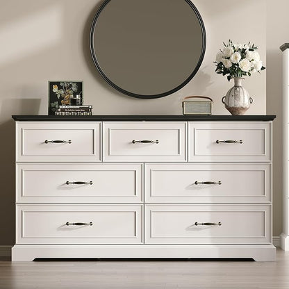 Farmhouse 7 Drawers Dresser for Bedroom, 57" Wide Modern Chest of Drawers with Deep Drawers & Bar Handles, Rustic Wood Dresser TV Stand, Wooden Closet Storage Organizer for Living Room, Hallway, White