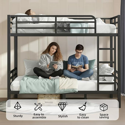 Full Over Full Bunk Bed Frame, Heavy Duty Metal Loft Bed for Adults/Teens, 350/500LB Capacity w/Ladder & Guardrail, Noise-Free Steel Slats, No Box Spring Required, Black