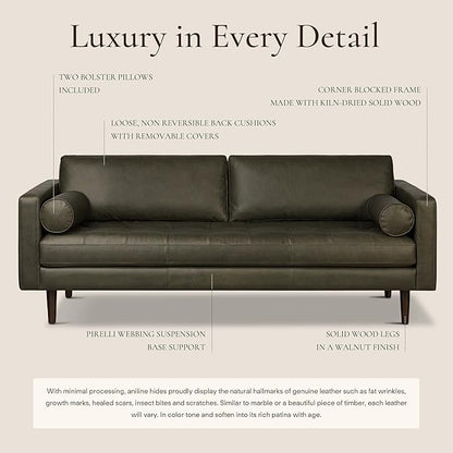 Poly & BARK Napa 88.5" Leather Sofa – Full-Grain Italian-Tanned Aniline Leather, Feather-Down Comfort, Solid Wood Frame, Walnut Legs, Olivine Green