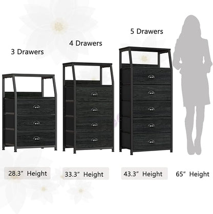 Furnulem Black Night Stand, Small Dresser for Bedroom, Nightstand with 3 Fabric Storage Drawers and 2-Tier Shelf, End Table Side Furniture for Closet, Hallway, Nursery, Sturdy Steel Frame, Wood Top