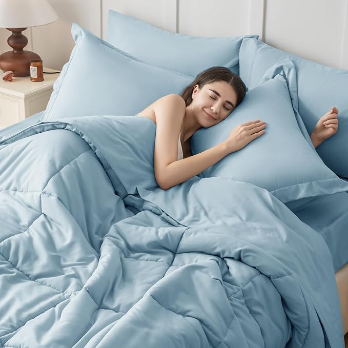 JOLLYVOGUE Queen Comforter Set, Ultra-Soft Bed in a Bag Queen Size 7 Pieces, Oeko-TEX Certified Bedding Set with Down Alternative Comforter, Sheets, Pillowcases & Shams, Lake Blue