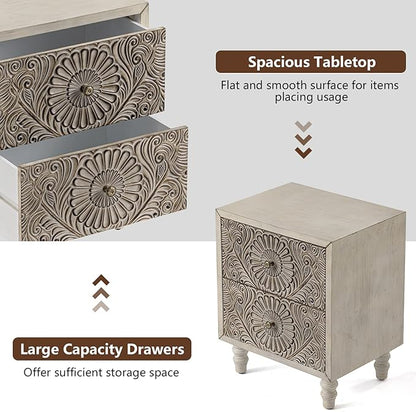 COSIEST 2 Pieces Nightstand, 14" D x 18" W x 21.5" H MDF End Table with 2 Drawers, Vintage Style Wood Bedside Table, Bedroom Accessories for Home, Office, College Dorm