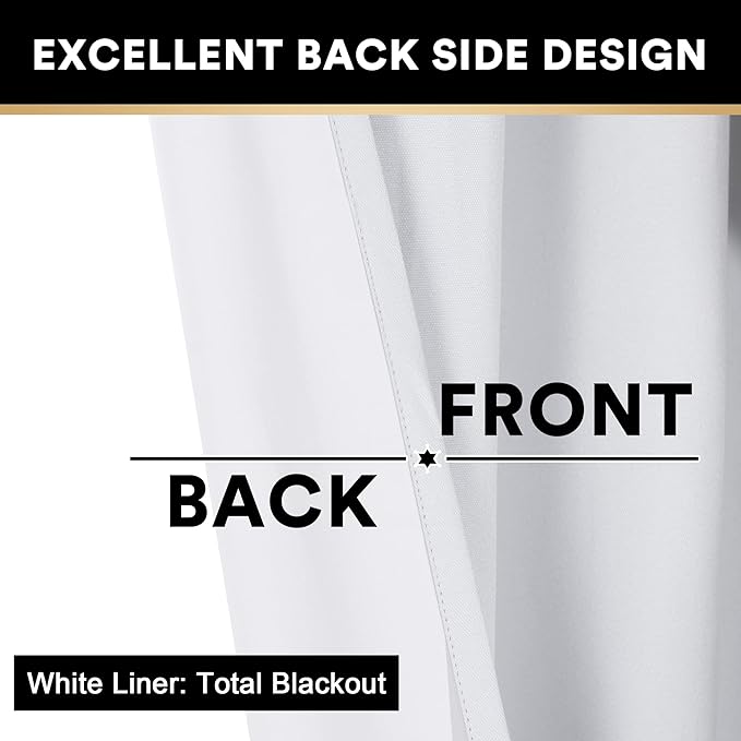 PrinceDeco Pure White Blackout Curtains 63 Inches Long Short Blackout Curtains 2 Panels Sets for Bedroom Living Room Grommet Full Light Blocking Linen Curtains Energy Saving with White Liner