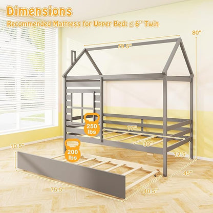 Giantex Twin House Bed with Trundle Bed, Wooden Twin Bed Frames with Roof, Chimney & Window, Montessori House Bed with Safety Guardrails for Kids, Boys, Girls, Teens (Grey)