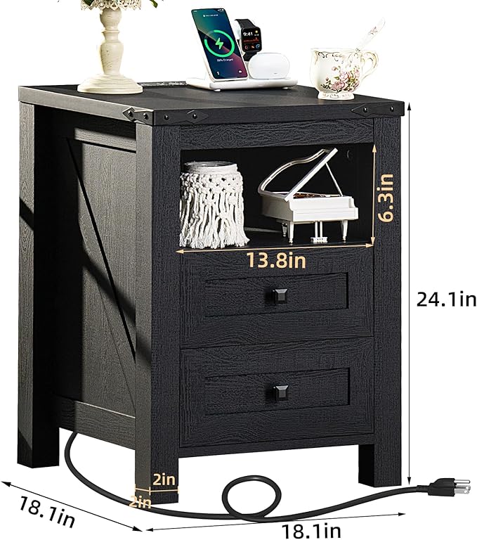 Joaxswe Nightstand with Charging Station, Farmhouse Night Stand with 2 Drawers and Shelf Storage, Wooden Side End Table, Bedside Cabinet for Bedroom, Living Room, Closet, Office (Black)