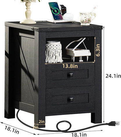 Joaxswe Nightstand with Charging Station, Farmhouse Night Stand with 2 Drawers and Shelf Storage, Wooden Side End Table, Bedside Cabinet for Bedroom, Living Room, Closet, Office (Black)