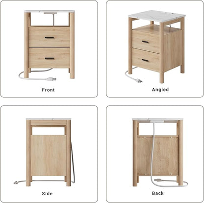 FavourLife Night Stand, 20" Wide Nightstand, Modern Large Nightstand with Charging Station & Faux Marble Top, 2 Drawer End Table with Solid Round Post Legs, Bedside Table for Bedroom, Natural Oak