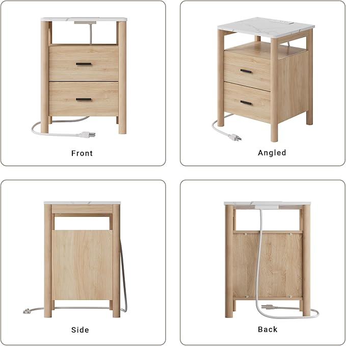 FavourLife Night Stand Set 2, 20" Wide Nightstands Set of 2, Nightstand with Charging Station & Faux Marble Top, 2 Drawer End Table with Solid Round Post Legs, Bedside Table for Bedroom, Natural Oak