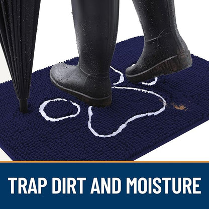 OLANLY Dog Door Mat for Muddy Paws 48x30, Paw Print Design, Absorbs Moisture and Dirt, Absorbent Non-Slip Washable Doormat, Quick Dry Chenille Mud Mat for Dogs, Entry Indoor Entryway Carpet, Navy Blue