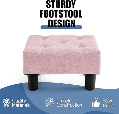 BRIAN & DANY Small Foot Stool, Linen Foot Stools with Legs, Stable Small Footstool for Living Room, Pink