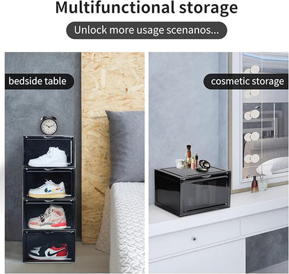 XL clear shoe storage boxes stackable, 8 Pack Large Shoe Boxes Clear Plastic Stackable, Drop side Sneaker Container Fit Size 13 (Black 8 Pack)