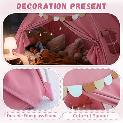Bed Tent Twin, Bed Canopy for Kids Girls, Tents Toddler Portable Sleeping Tents Indoor, Pink Bunk Canopy Floor Playhouse for Twin Size Bed for Birthday Toy House Gift