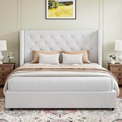 HOMBCK Full Size Bed Frame, White Upholstered Platform Bed Frame with Headboard, Velvet Tufted, Curved Wingback Design, Wooden Slats, No Box Spring, Noise Free, Easy Assembly