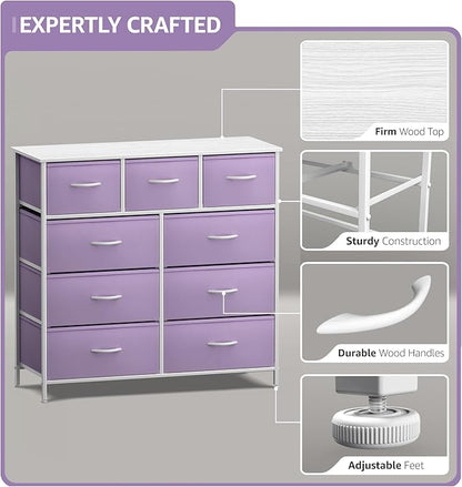 Sorbus Kids Dresser with 9 Drawers - Furniture Storage Chest Tower Unit for Bedroom, Hallway, Closet, Office Organization - Steel Frame, Wood Top, Fabric Bins (Purple, Solid)
