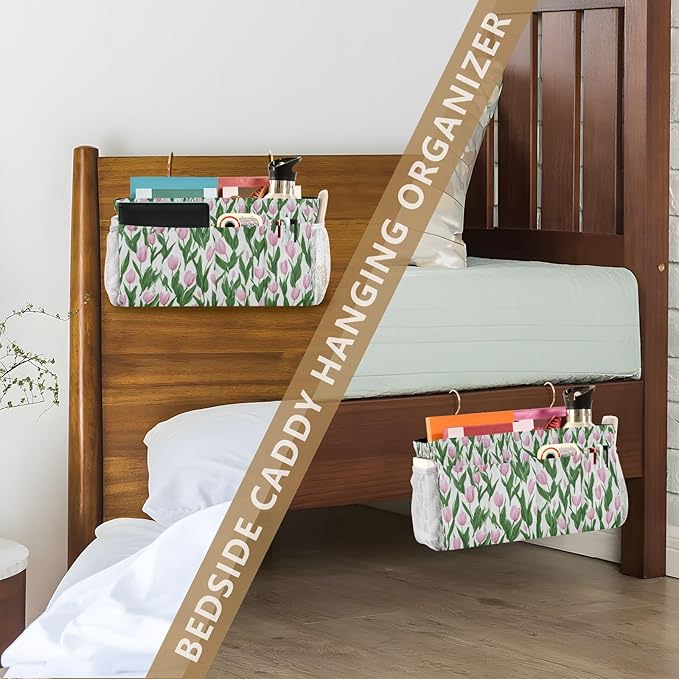 Bedside Caddy Hanging Bunk Bed Caddy Bed Organizer Hanging Pocket with 2 Hooks Bedside Storage Organizer Pocket Bag Holder Small Tulips Pink