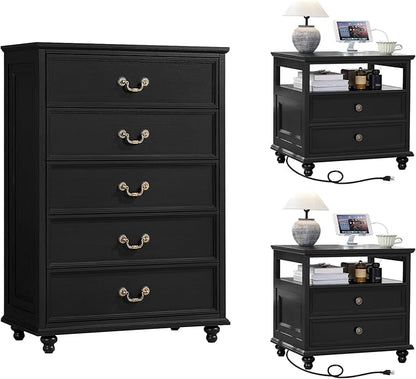 24" Wide Farmhouse Nightstand with Charging Station Set of 2, 45" Tall Rustic Chests of 5 Drawers w/ 4 Solid Wood Feet, Farmhouse Furniture Series for Living Room,Bedroom,Black